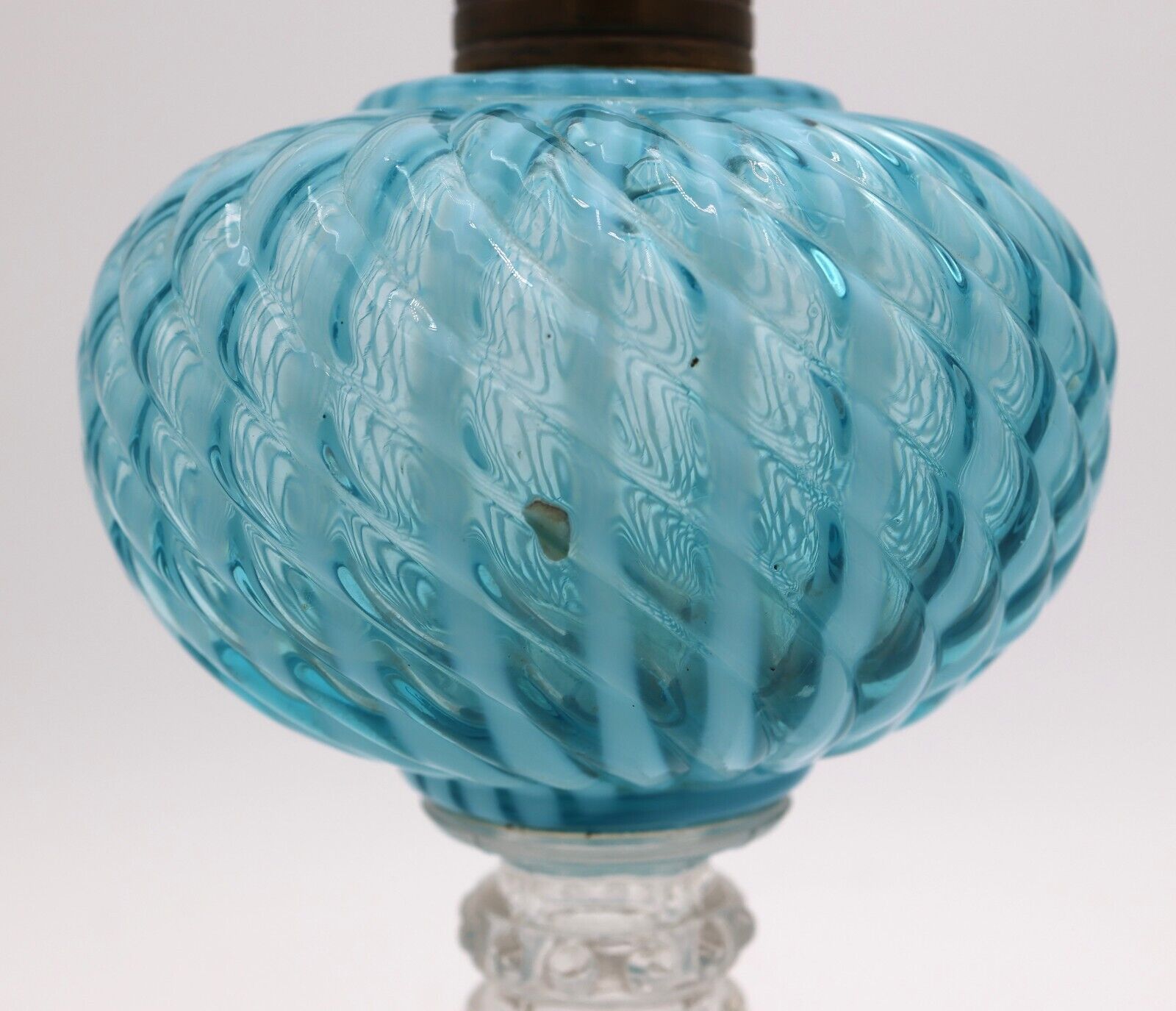 Hobbs Sheldon Swirl OIL LAMP Blue Opalescent Glass Antique Victorian c1880s