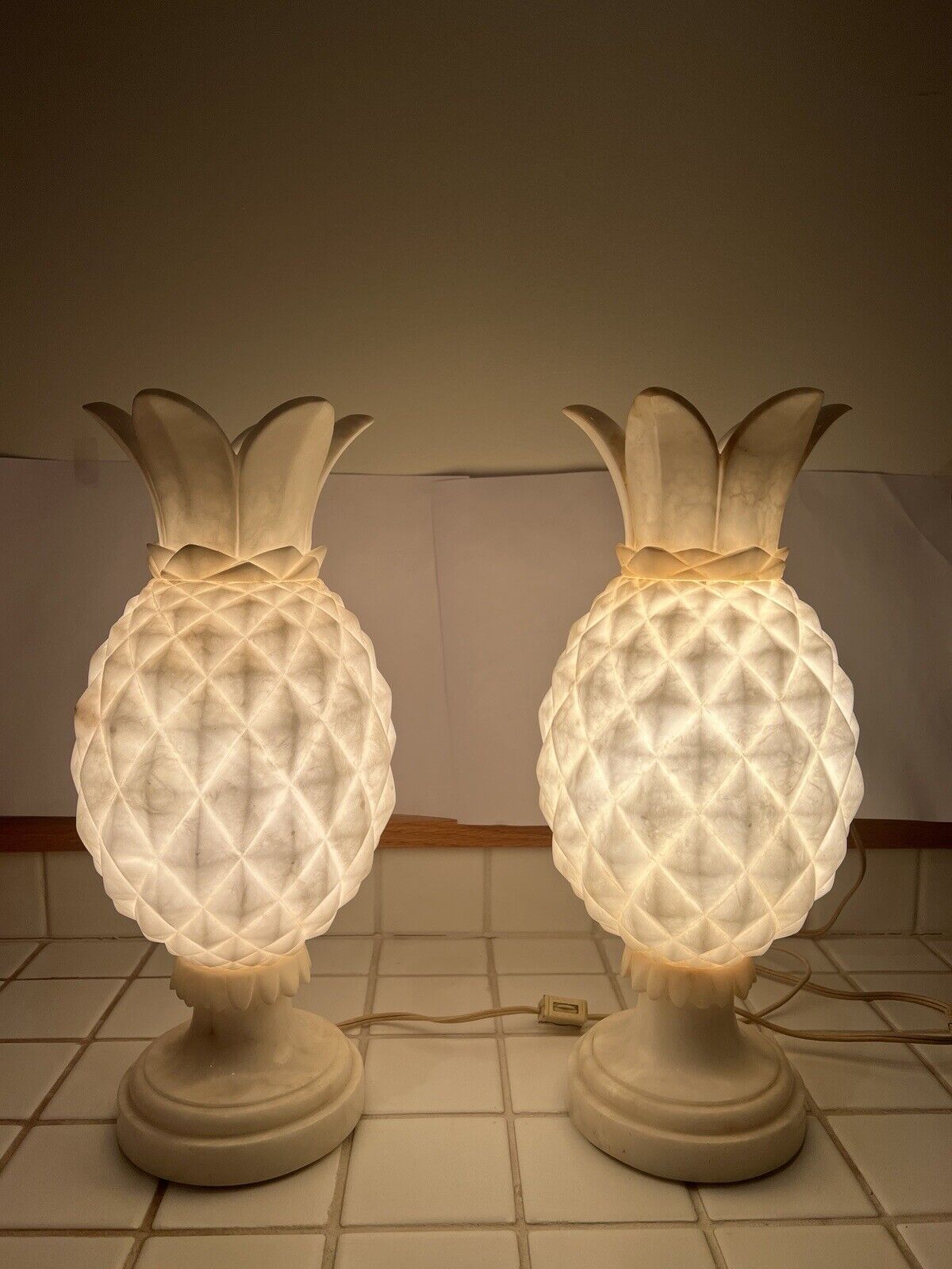 Pair of Vintage Italian White Marble / Alabaster Pineapple Lamps - 1950's