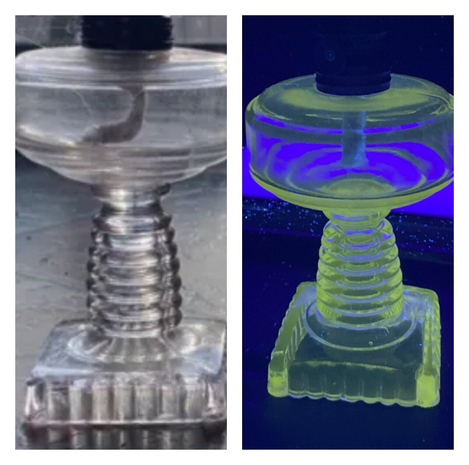 Pair Of Pressed Uranium Glass Oil Lamp’s Clear Chimney Square Base 9.5" Kerosene