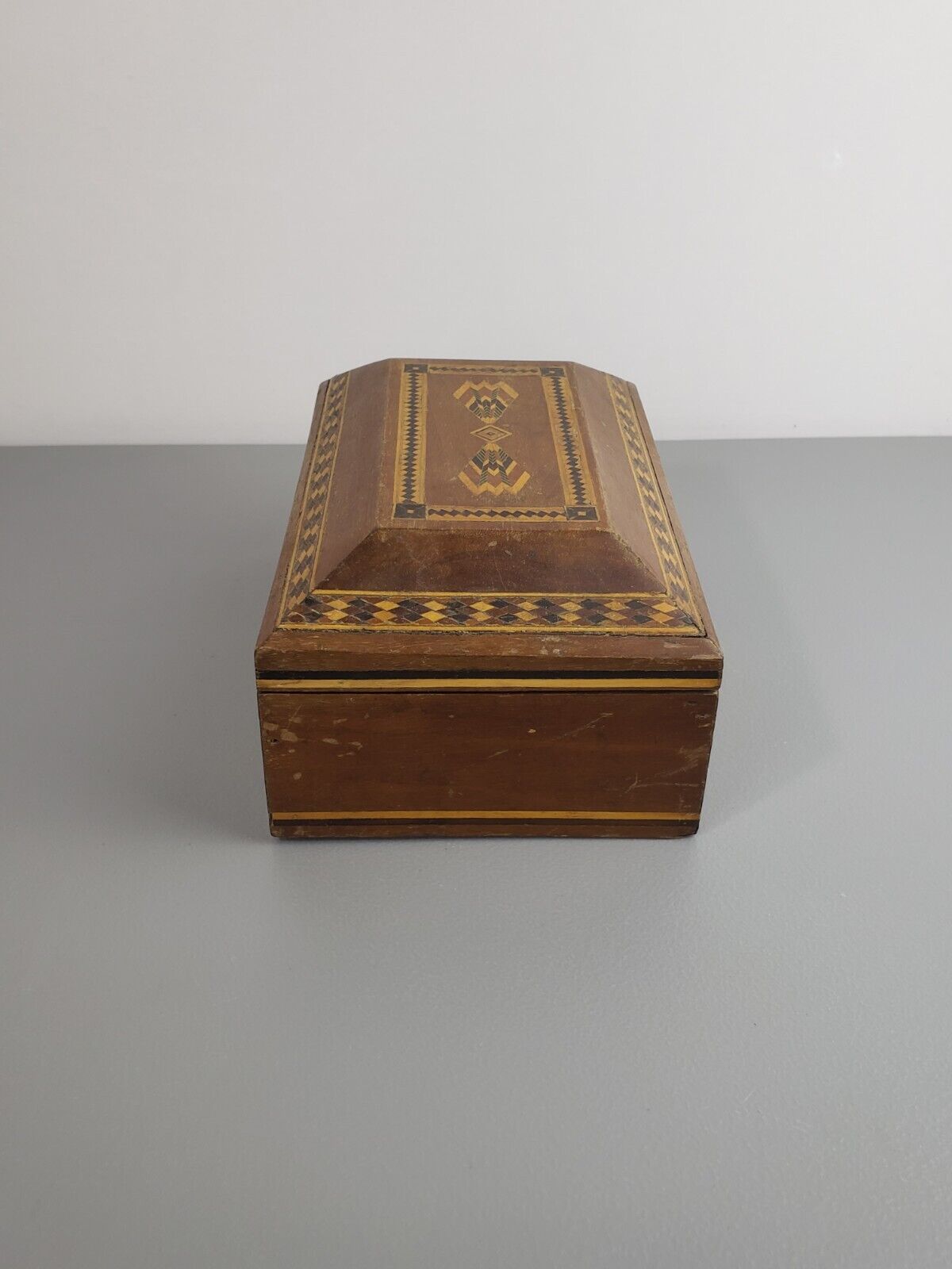 quality 1900's antique handmade inlaid marquetry wood jewelry box vanity mirror
