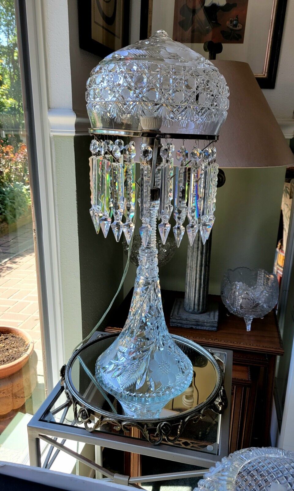 24" tall AMERICAN BRILLIANT ABP Cut Glass Lamp, 24 spear Prisms  Keifer Bros