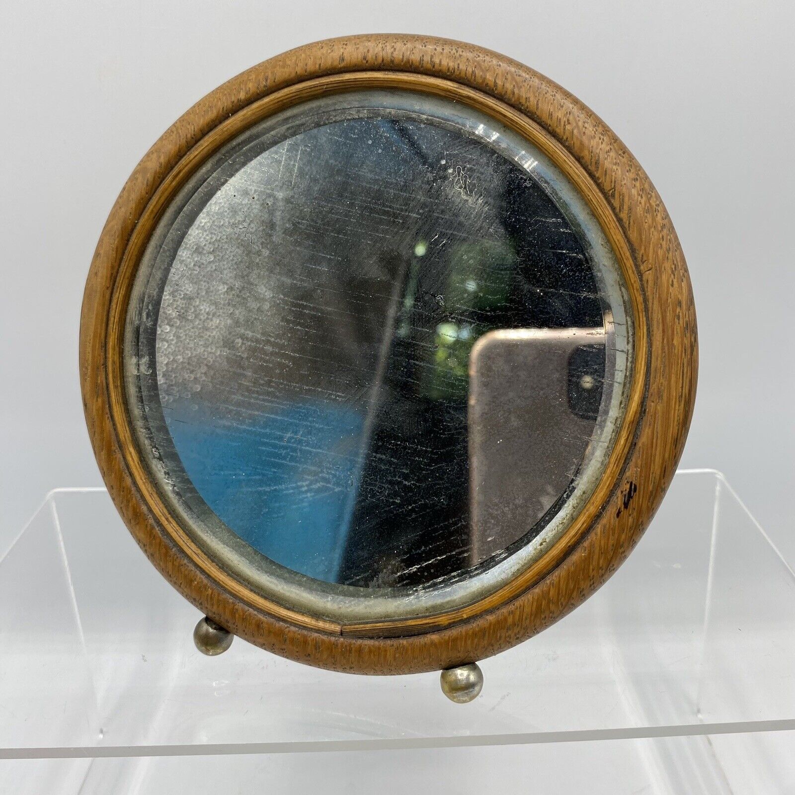 Antique Beveled Round Mirror Early 1900s Shaving Table Shelf Standing