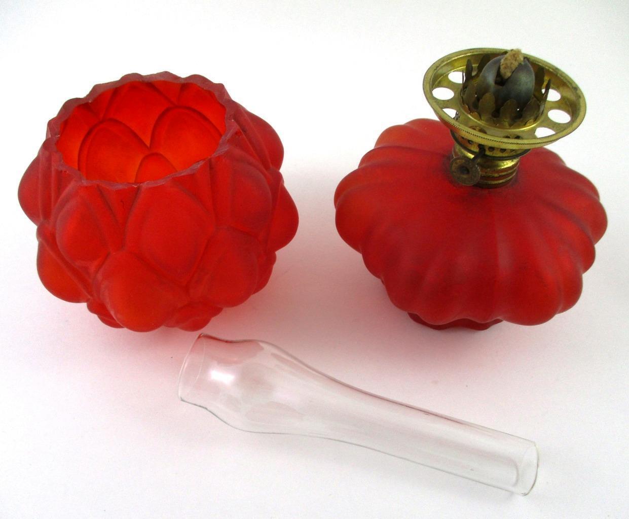 ARTICHOKE - antique RED Satin Glass MINIATURE Oil LAMP nutmeg burner - S1-III