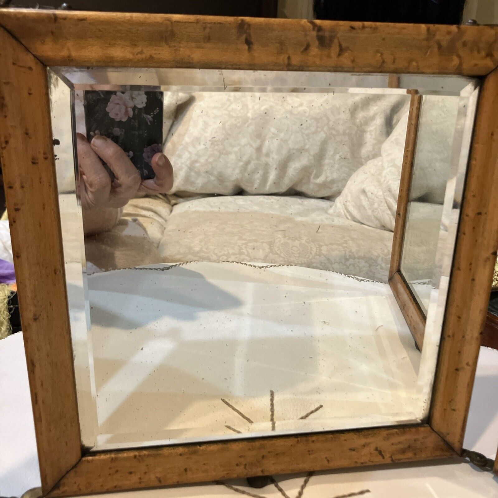 Antique 1800s TRI FOLD OAK SHAVING BEVELED GLASS MIRROR TOOLED LEATHER BACKING