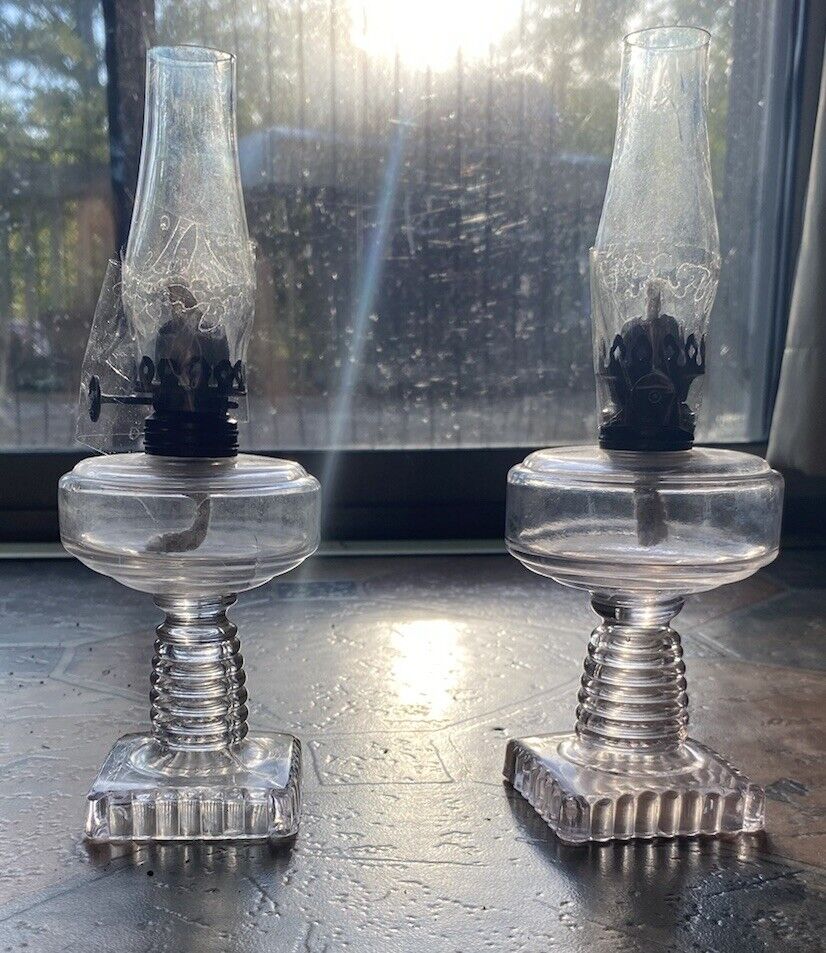 Pair Of Pressed Uranium Glass Oil Lamp’s Clear Chimney Square Base 9.5" Kerosene