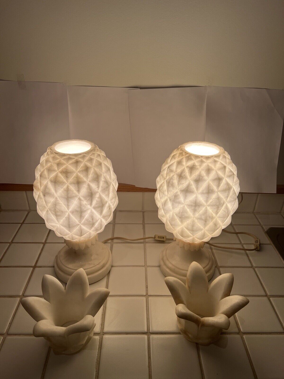 Pair of Vintage Italian White Marble / Alabaster Pineapple Lamps - 1950's