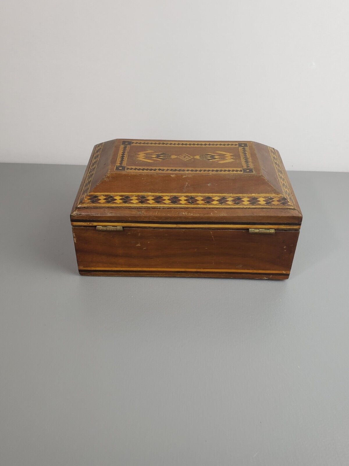 quality 1900's antique handmade inlaid marquetry wood jewelry box vanity mirror