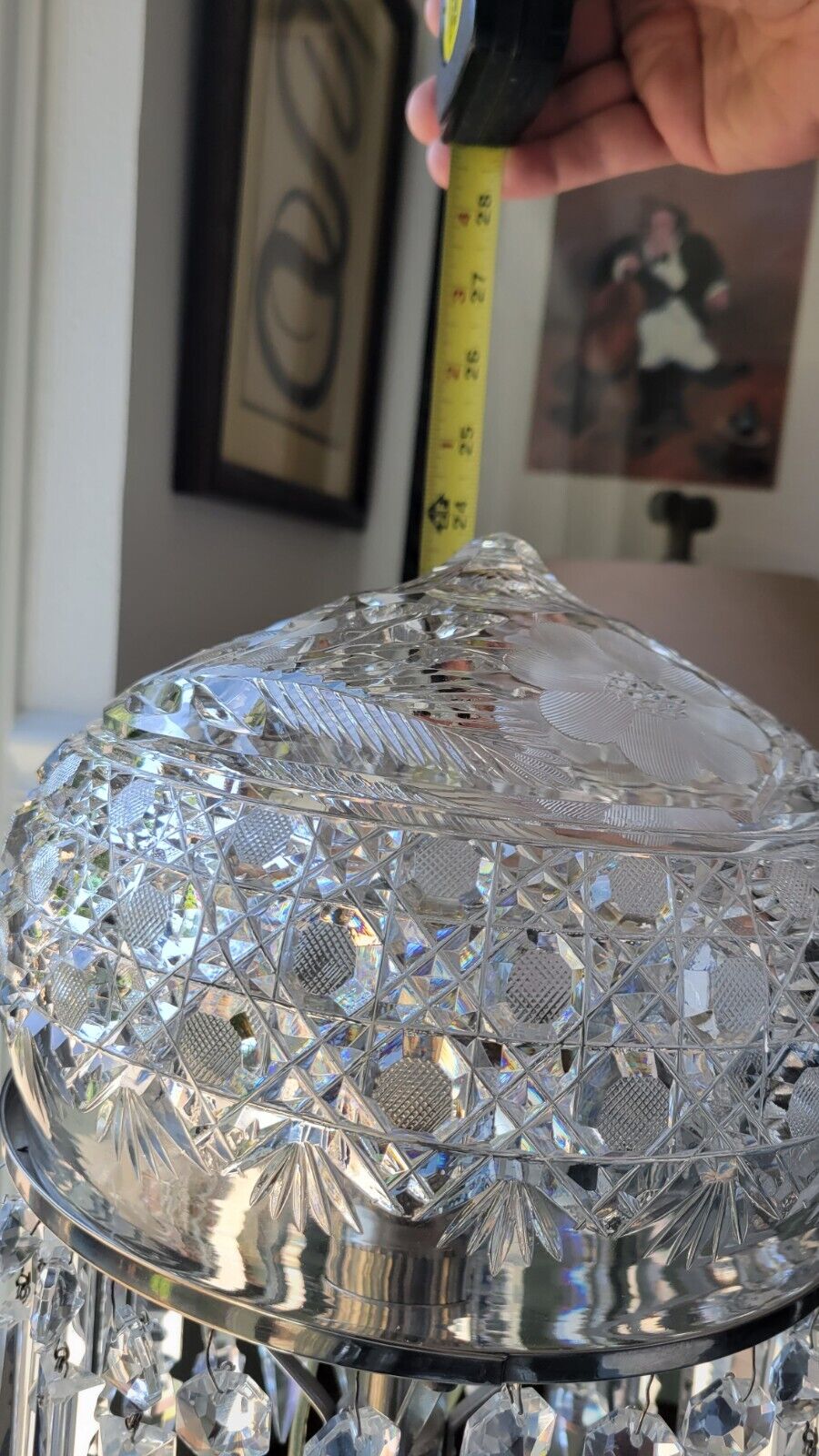 24" tall AMERICAN BRILLIANT ABP Cut Glass Lamp, 24 spear Prisms  Keifer Bros