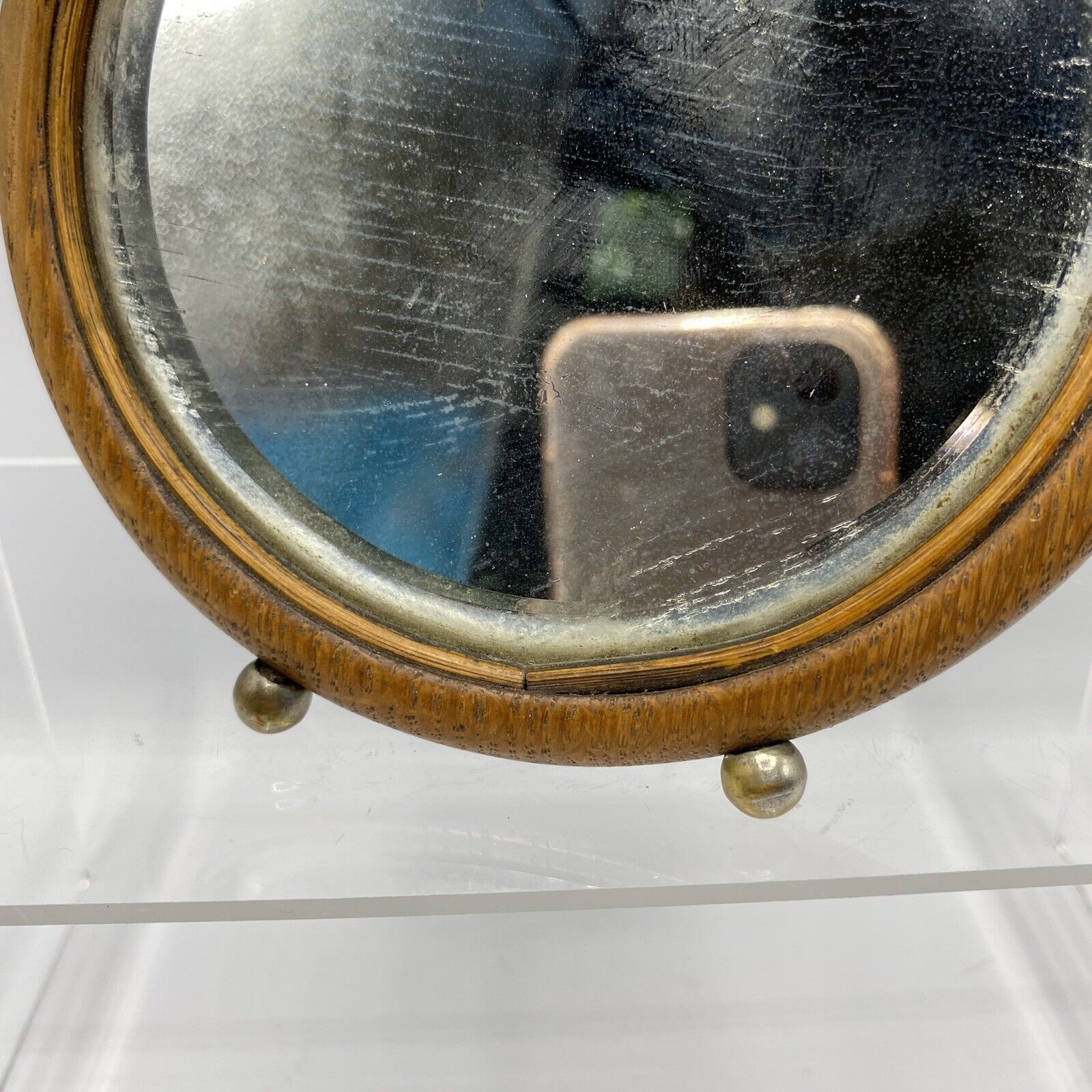 Antique Beveled Round Mirror Early 1900s Shaving Table Shelf Standing
