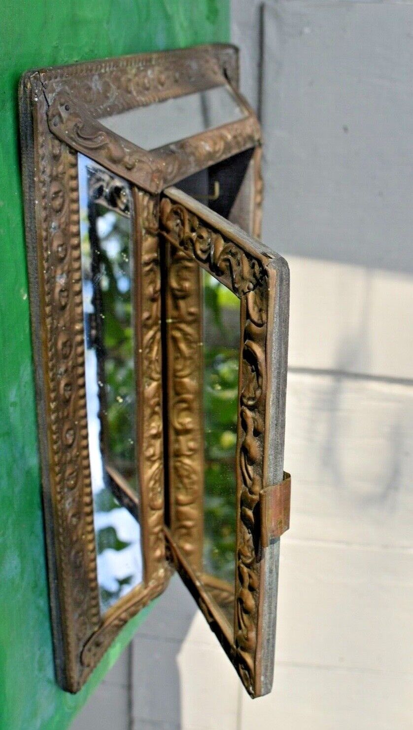 1800'S KEY SAFE CABINET  MIRRORED EMBOSSED TIN / WOOD BELLE EPOQUE SHABBY CHIC  