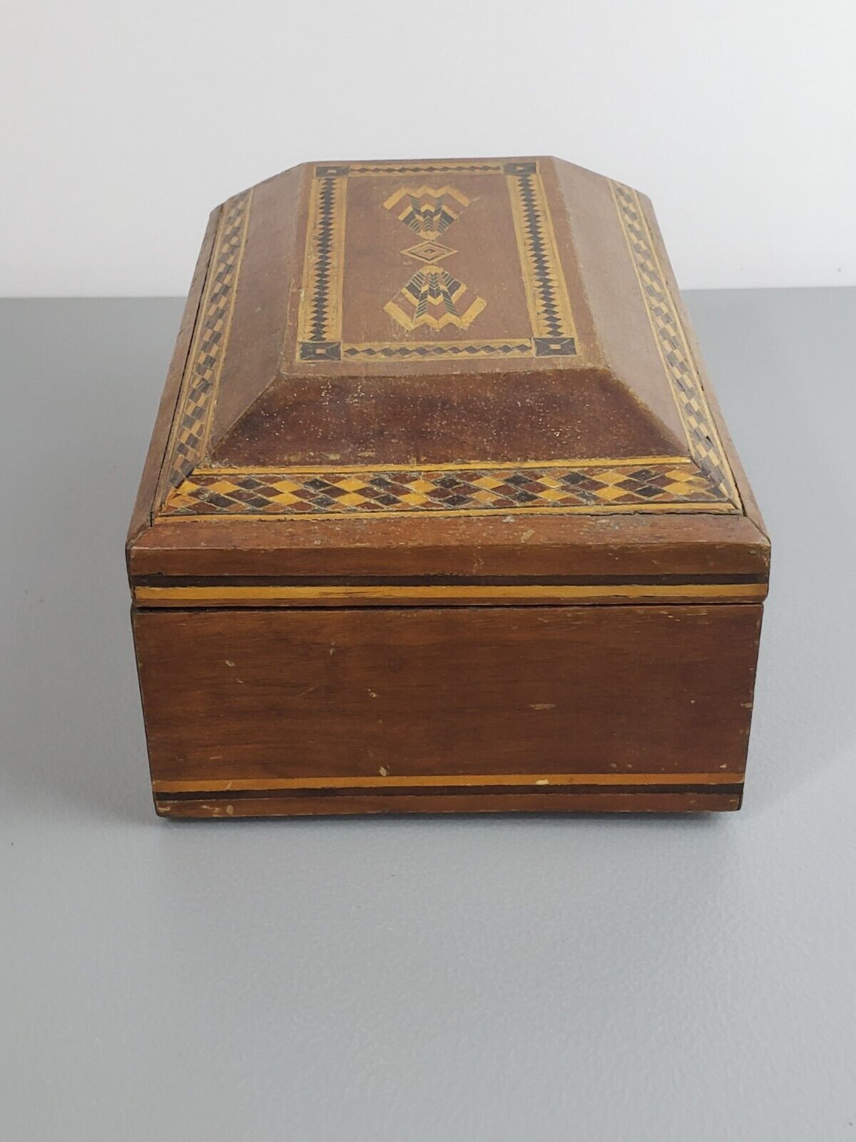quality 1900's antique handmade inlaid marquetry wood jewelry box vanity mirror