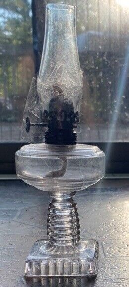 Pair Of Pressed Uranium Glass Oil Lamp’s Clear Chimney Square Base 9.5" Kerosene