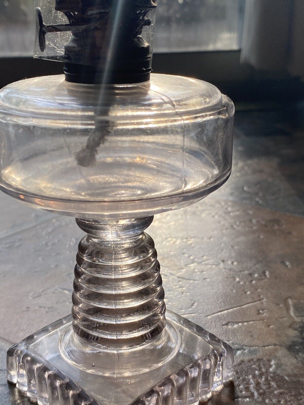 Pair Of Pressed Uranium Glass Oil Lamp’s Clear Chimney Square Base 9.5" Kerosene