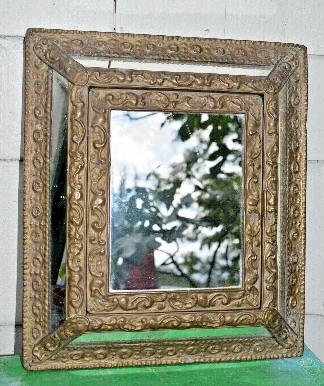 1800'S KEY SAFE CABINET  MIRRORED EMBOSSED TIN / WOOD BELLE EPOQUE SHABBY CHIC  