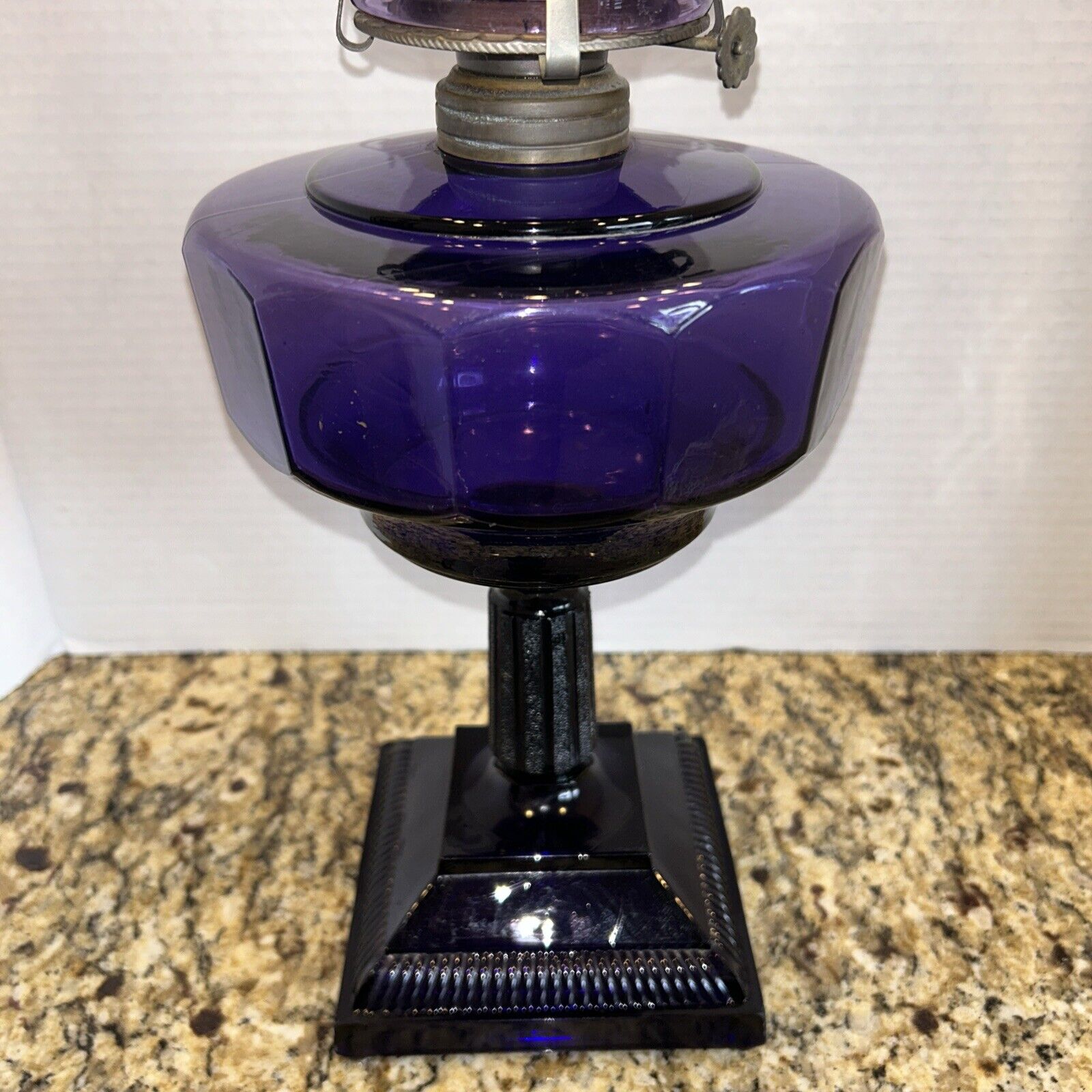Oil Lamp, Early 1900's Vintage Pedestal lamp, Amethyst Purple, irradiated