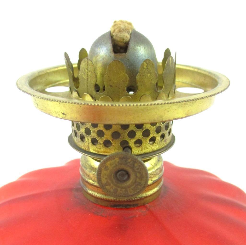 ARTICHOKE - antique RED Satin Glass MINIATURE Oil LAMP nutmeg burner - S1-III