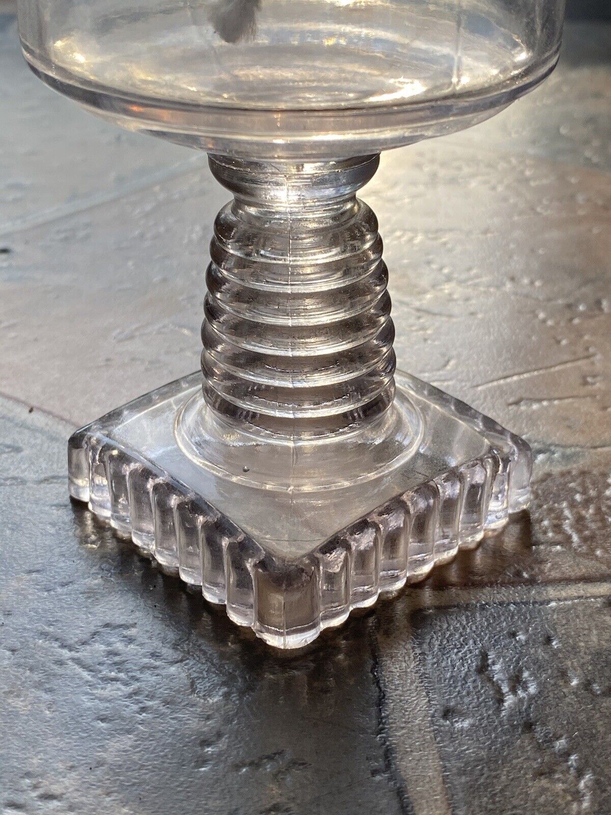 Pair Of Pressed Uranium Glass Oil Lamp’s Clear Chimney Square Base 9.5" Kerosene