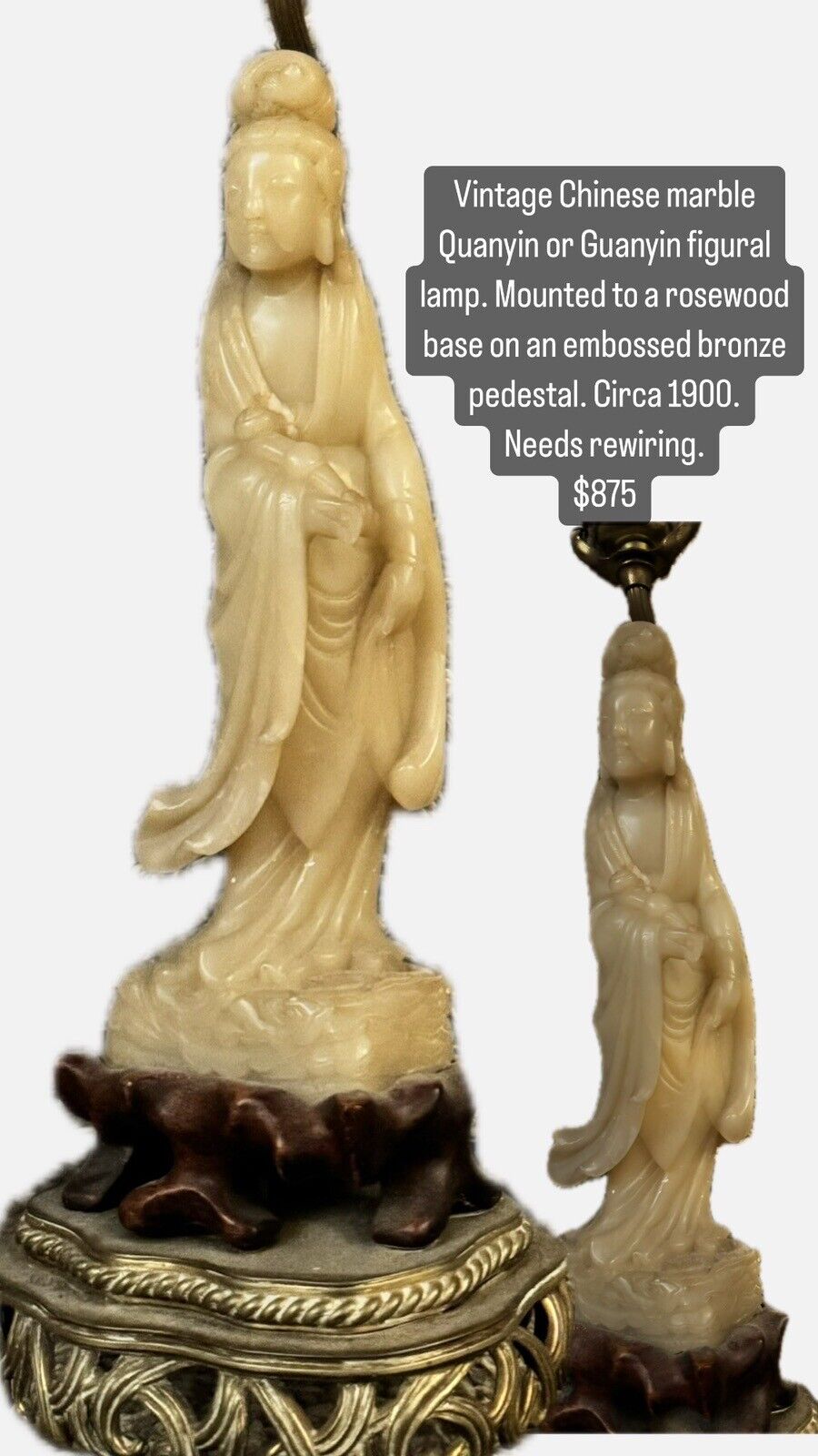 RARE Antique Late 1800s-Early 1900s Chinese Soapstone Lamp on Rosewood Base