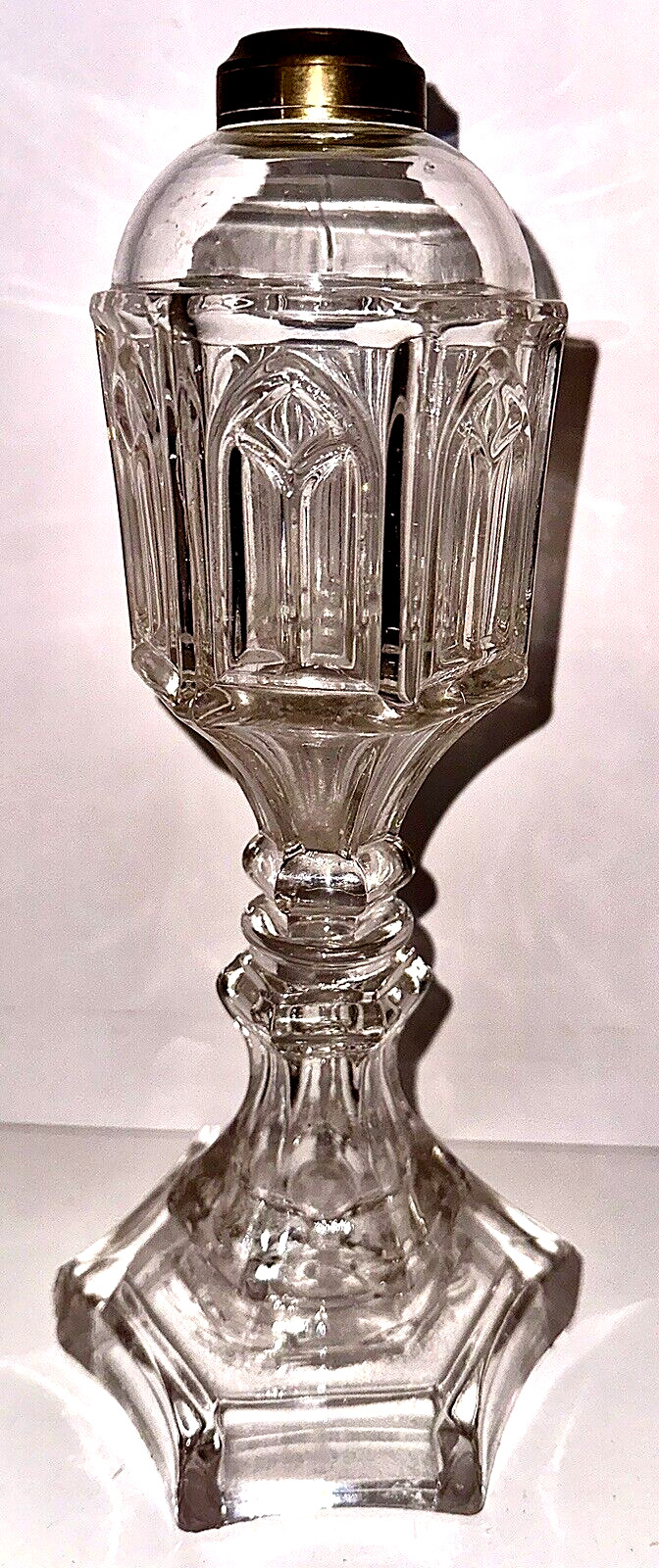 Antique 1840-60 Boston & Sandwich Glass Gothic Arch Whale Oil / Fluid Lamp 11.5"