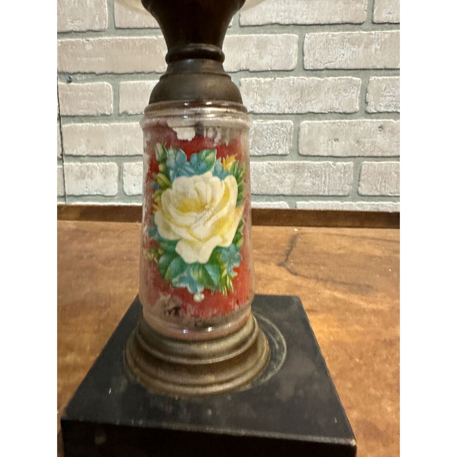 Antique Early 1900s Pedestal 12" Oil Kerosene Lamp Burner w/ Reverse Paint Glass