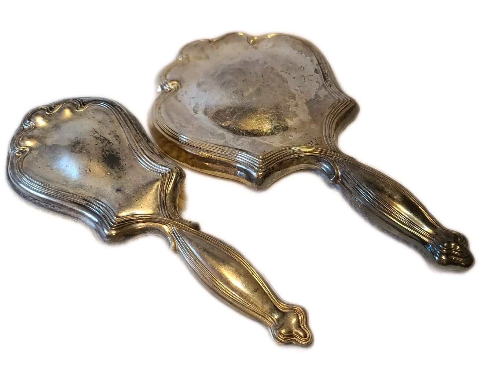 Art Nouveau Silver Plated Hand Mirror Brush Deco VTG ribbon Early 1900s Antique