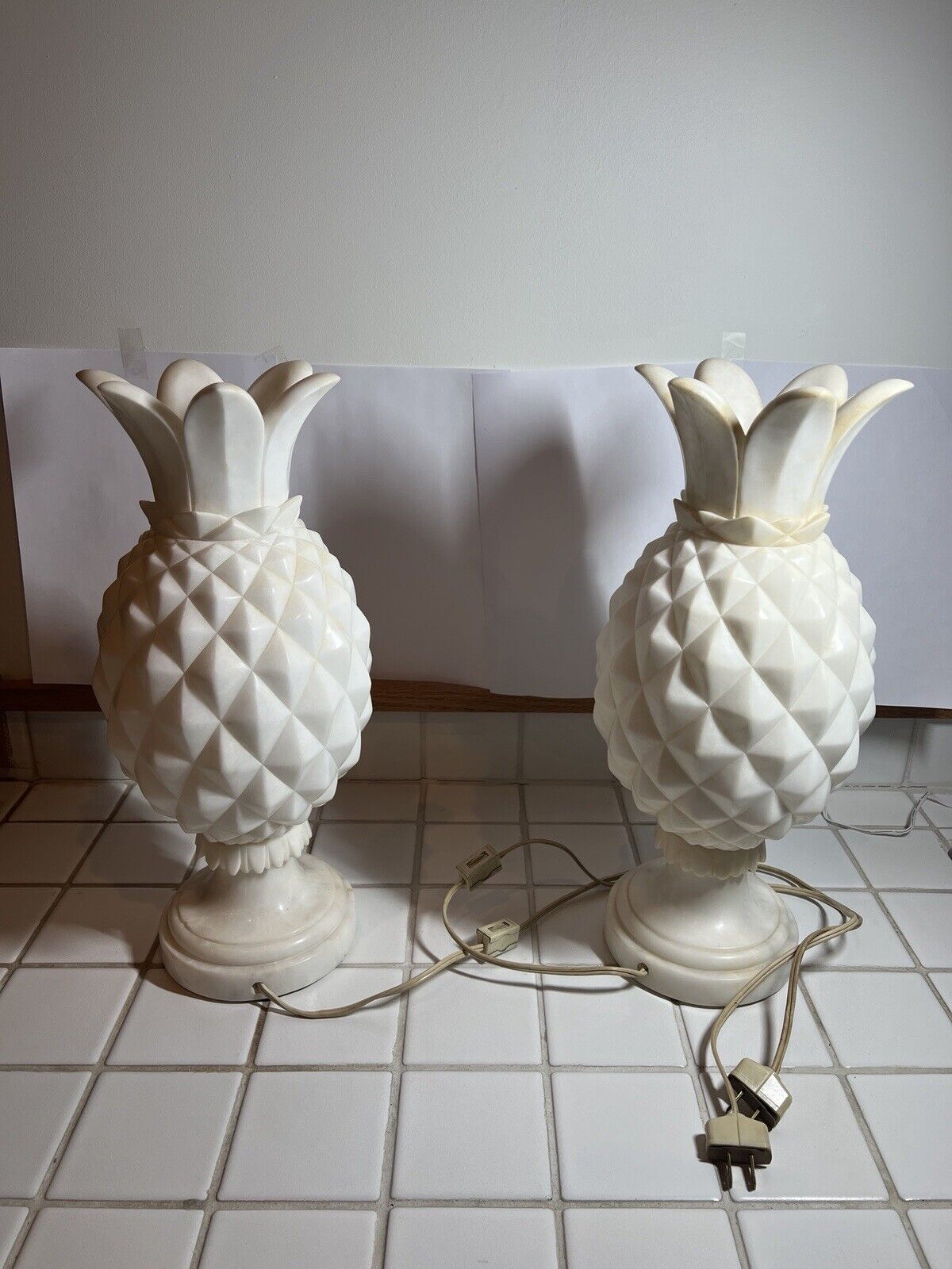 Pair of Vintage Italian White Marble / Alabaster Pineapple Lamps - 1950's