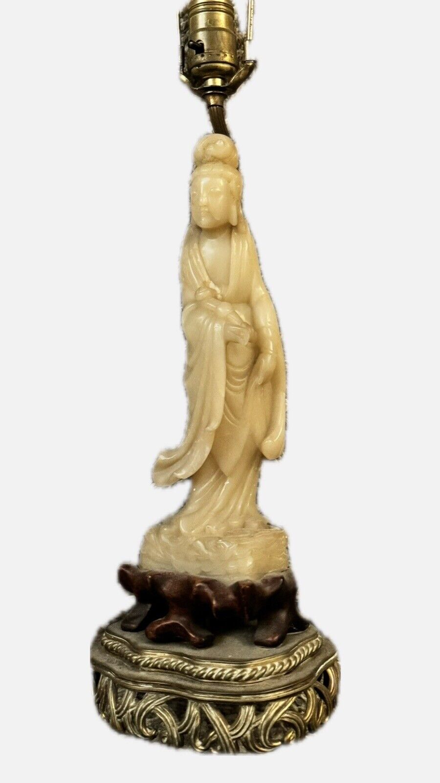 RARE Antique Late 1800s-Early 1900s Chinese Soapstone Lamp on Rosewood Base