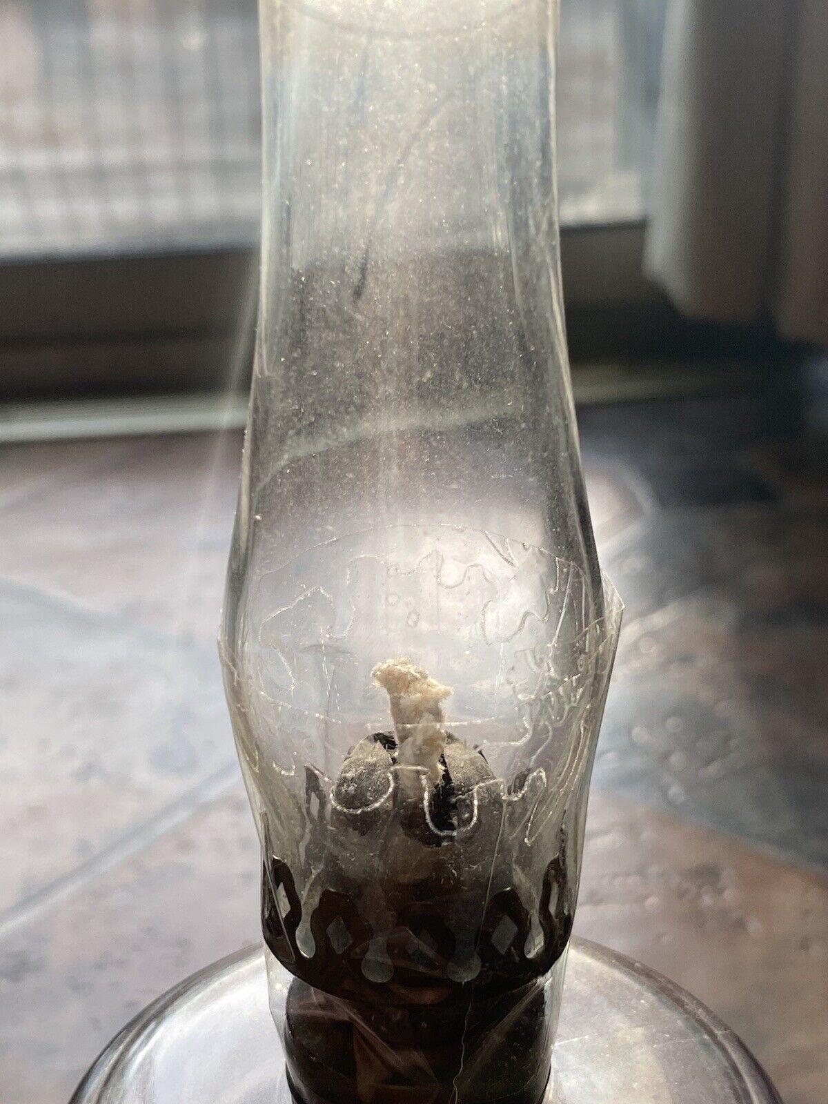 Pair Of Pressed Uranium Glass Oil Lamp’s Clear Chimney Square Base 9.5" Kerosene