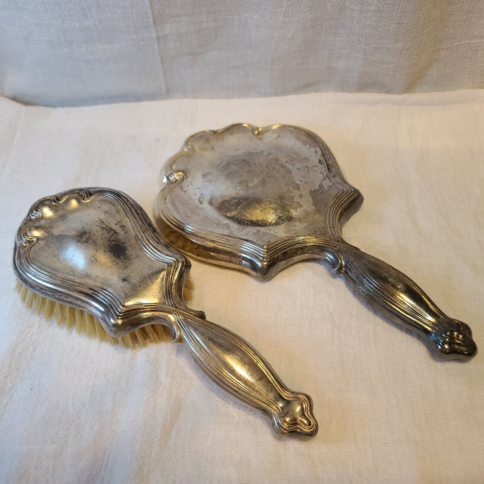 Art Nouveau Silver Plated Hand Mirror Brush Deco VTG ribbon Early 1900s Antique
