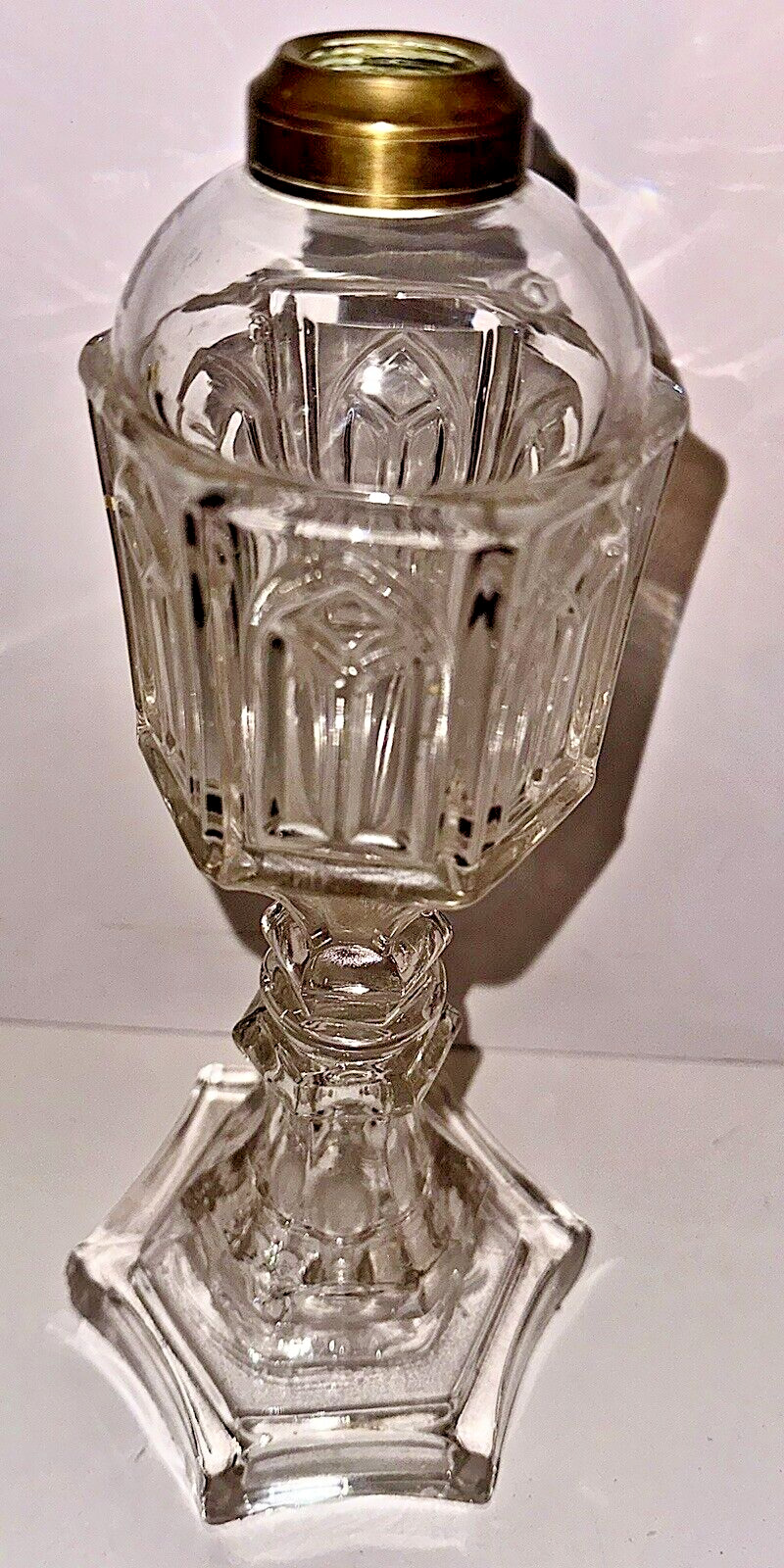 Antique 1840-60 Boston & Sandwich Glass Gothic Arch Whale Oil / Fluid Lamp 11.5"