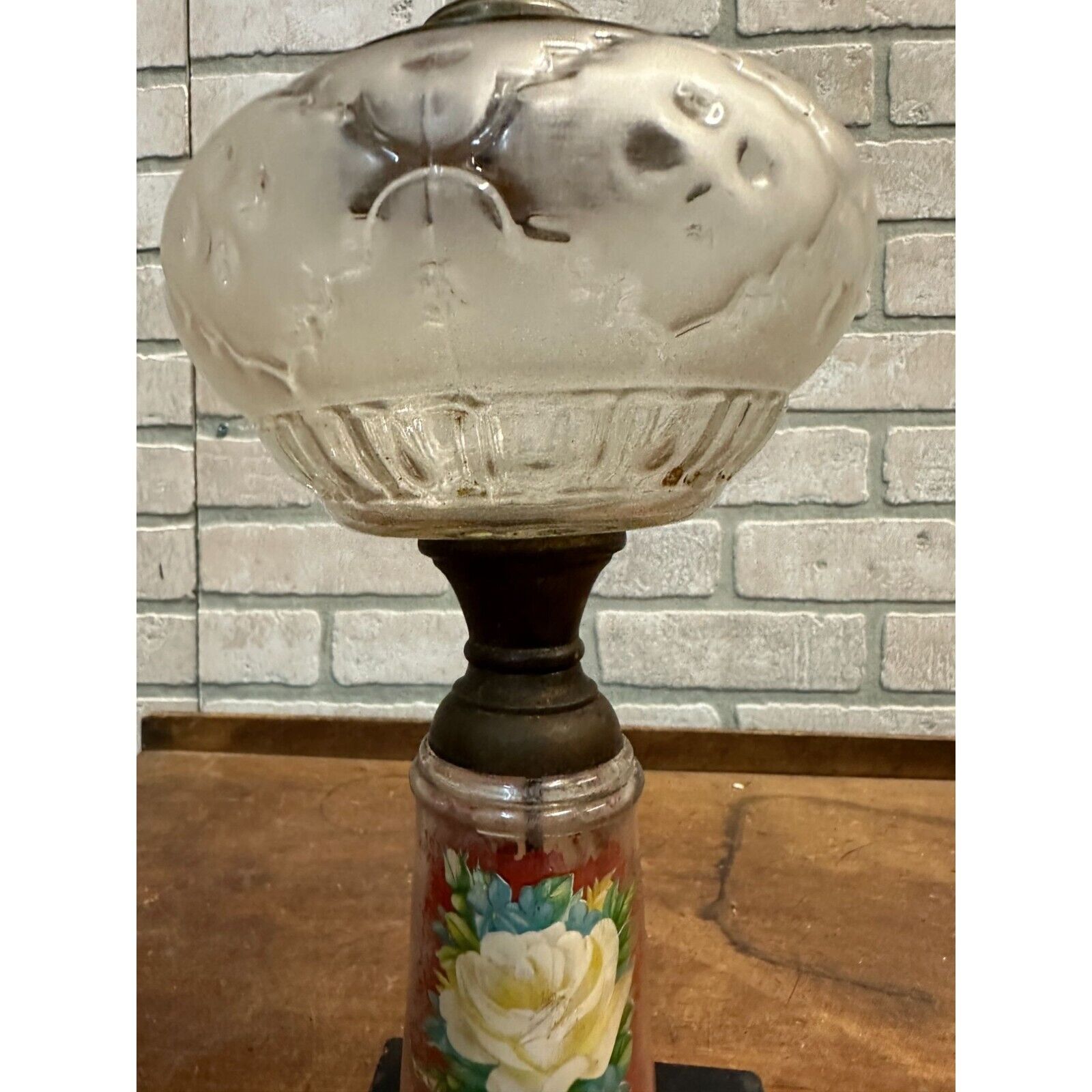 Antique Early 1900s Pedestal 12" Oil Kerosene Lamp Burner w/ Reverse Paint Glass