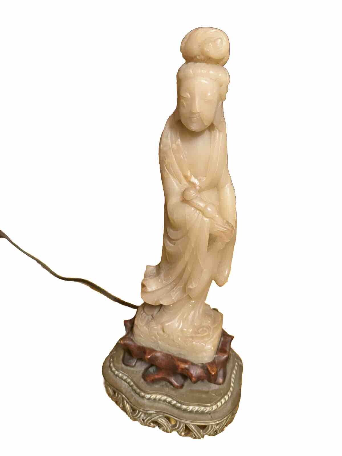 RARE Antique Late 1800s-Early 1900s Chinese Soapstone Lamp on Rosewood Base