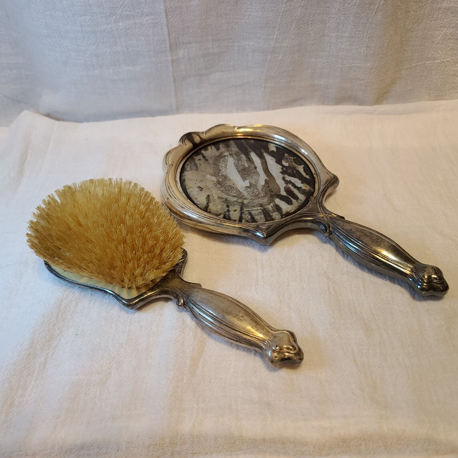 Art Nouveau Silver Plated Hand Mirror Brush Deco VTG ribbon Early 1900s Antique