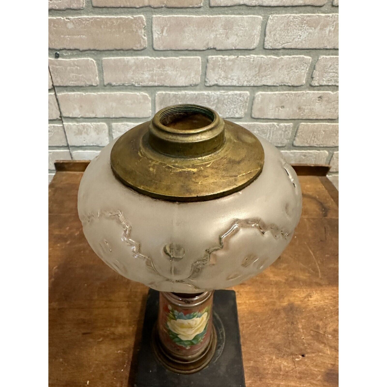 Antique Early 1900s Pedestal 12" Oil Kerosene Lamp Burner w/ Reverse Paint Glass