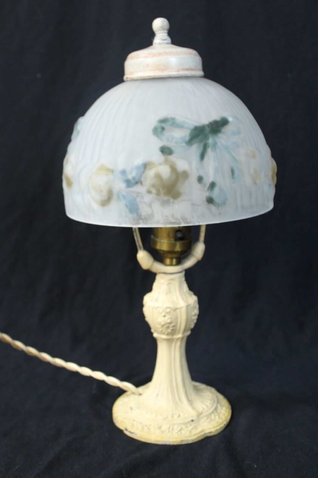 Antique 1930s Reverse Painted Shade Cast Iron Boudoir Lamp (rewired)  Pretty!