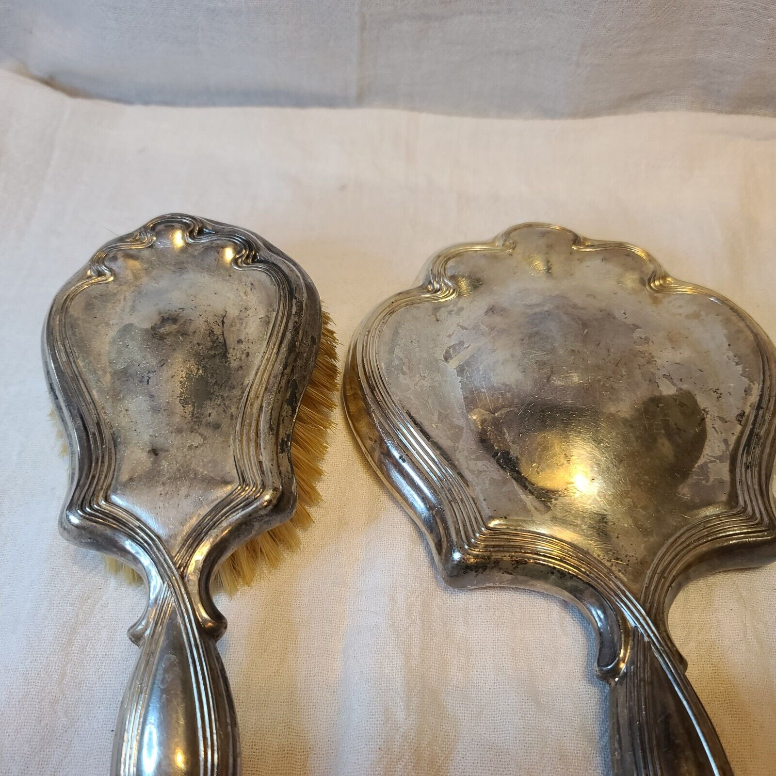 Art Nouveau Silver Plated Hand Mirror Brush Deco VTG ribbon Early 1900s Antique