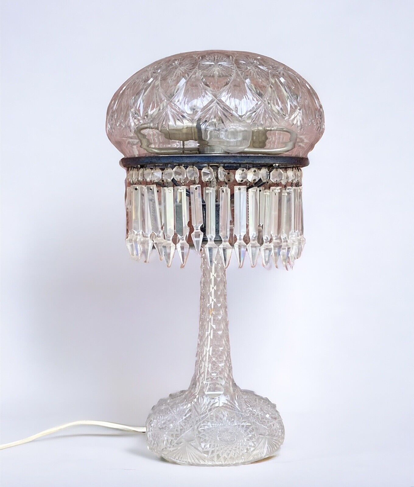 1905 American Brilliant Cut Crystal 2-Light Converted Parlor Mushroom Lamp 22”