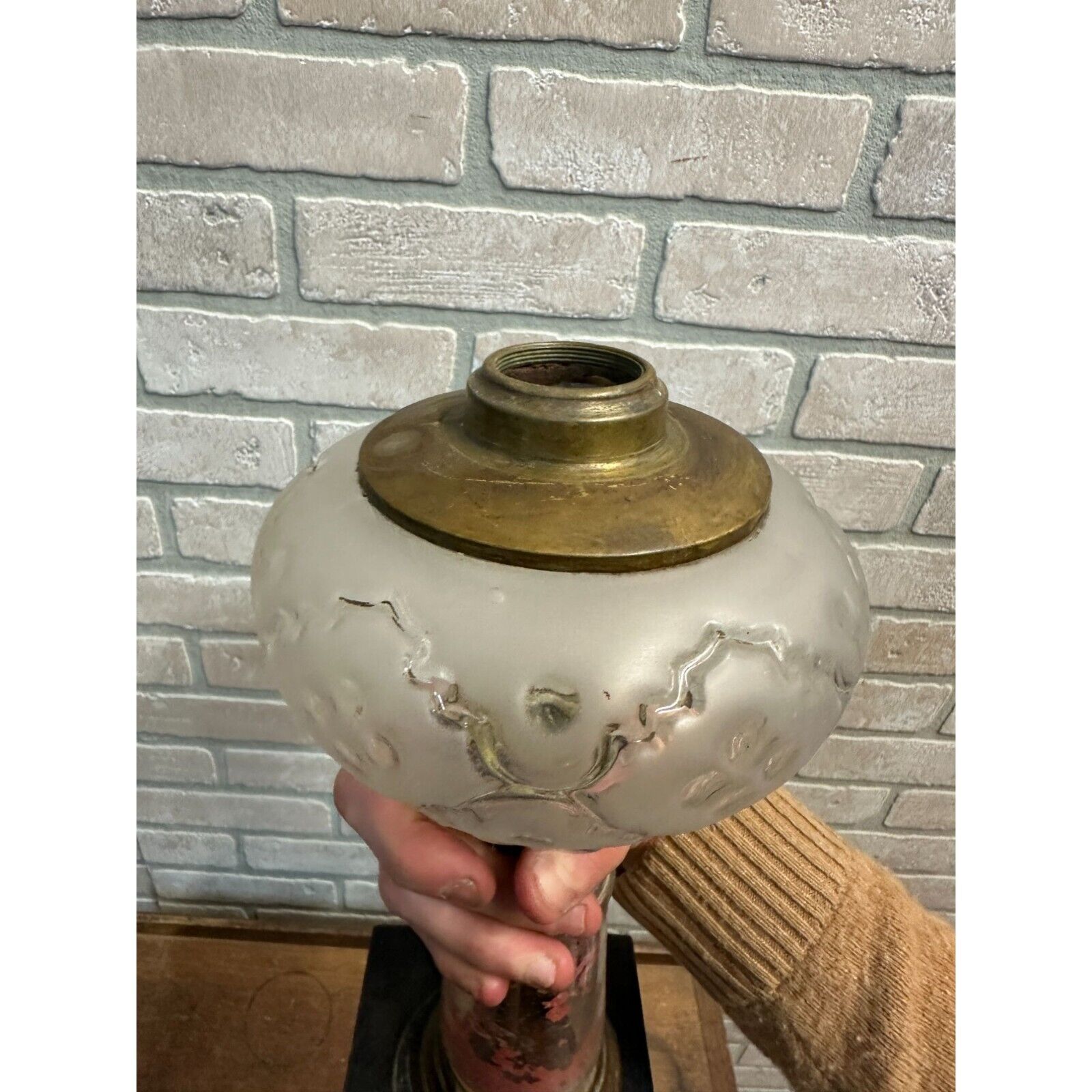 Antique Early 1900s Pedestal 12" Oil Kerosene Lamp Burner w/ Reverse Paint Glass