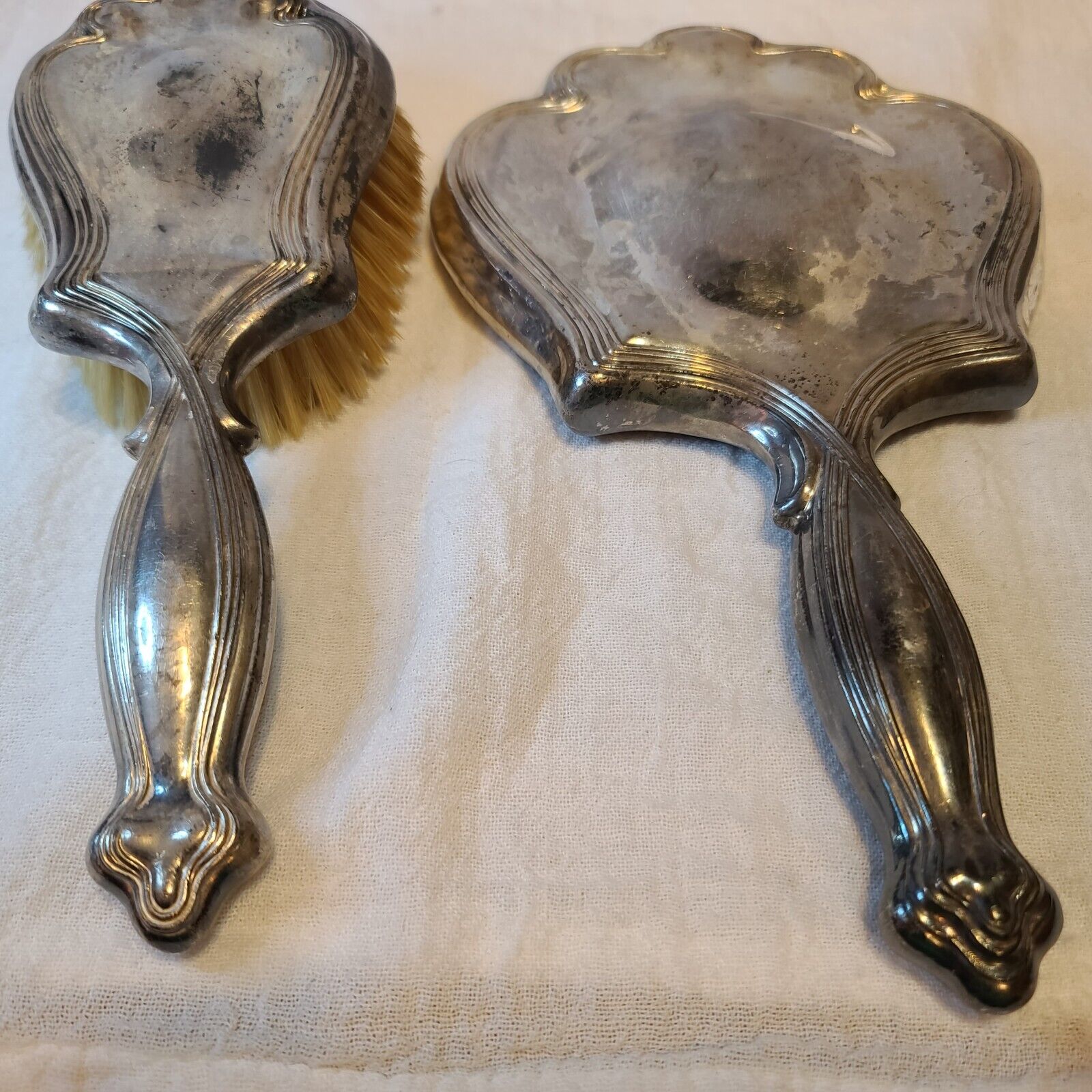 Art Nouveau Silver Plated Hand Mirror Brush Deco VTG ribbon Early 1900s Antique