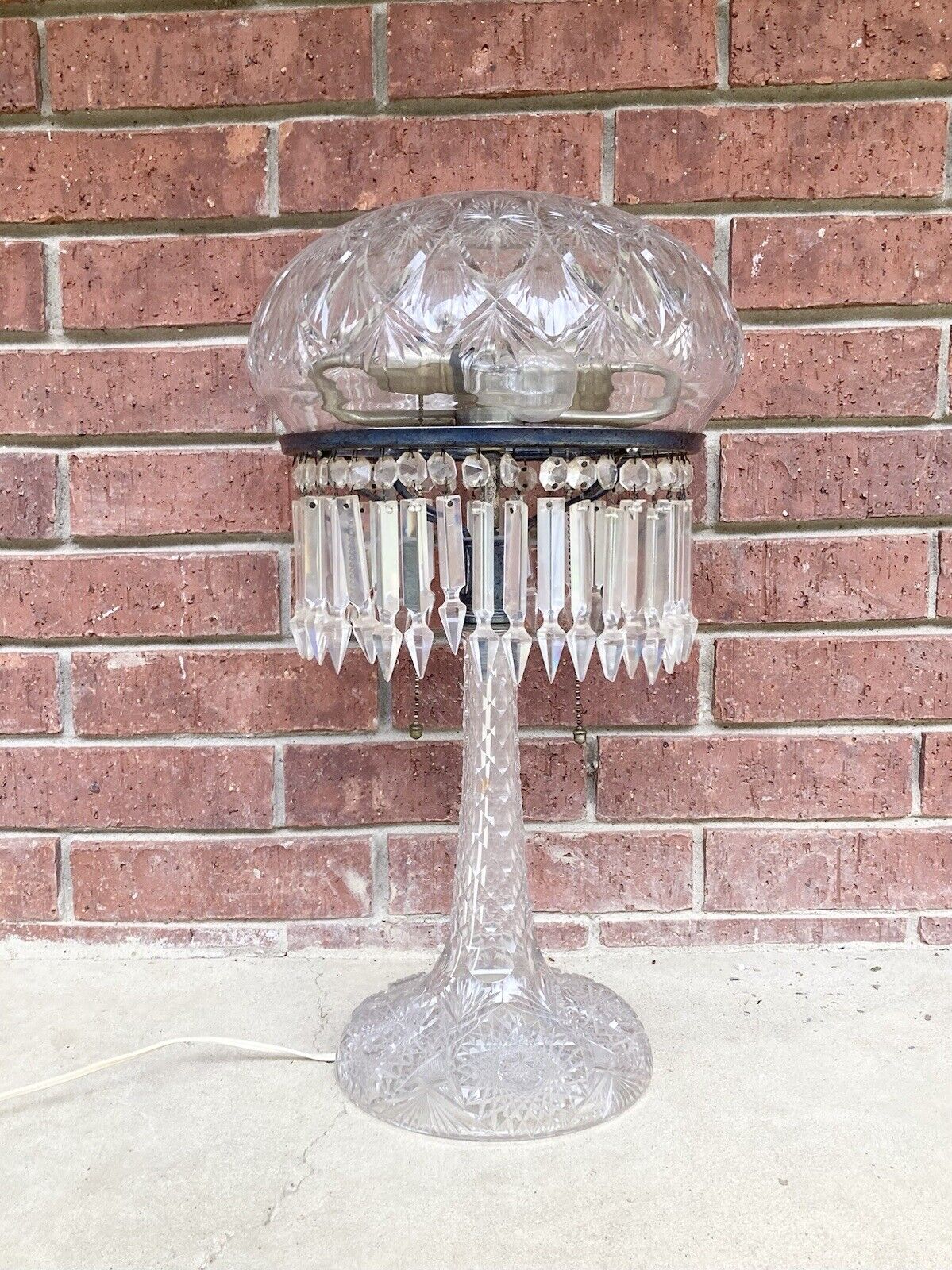 1905 American Brilliant Cut Crystal 2-Light Converted Parlor Mushroom Lamp 22”