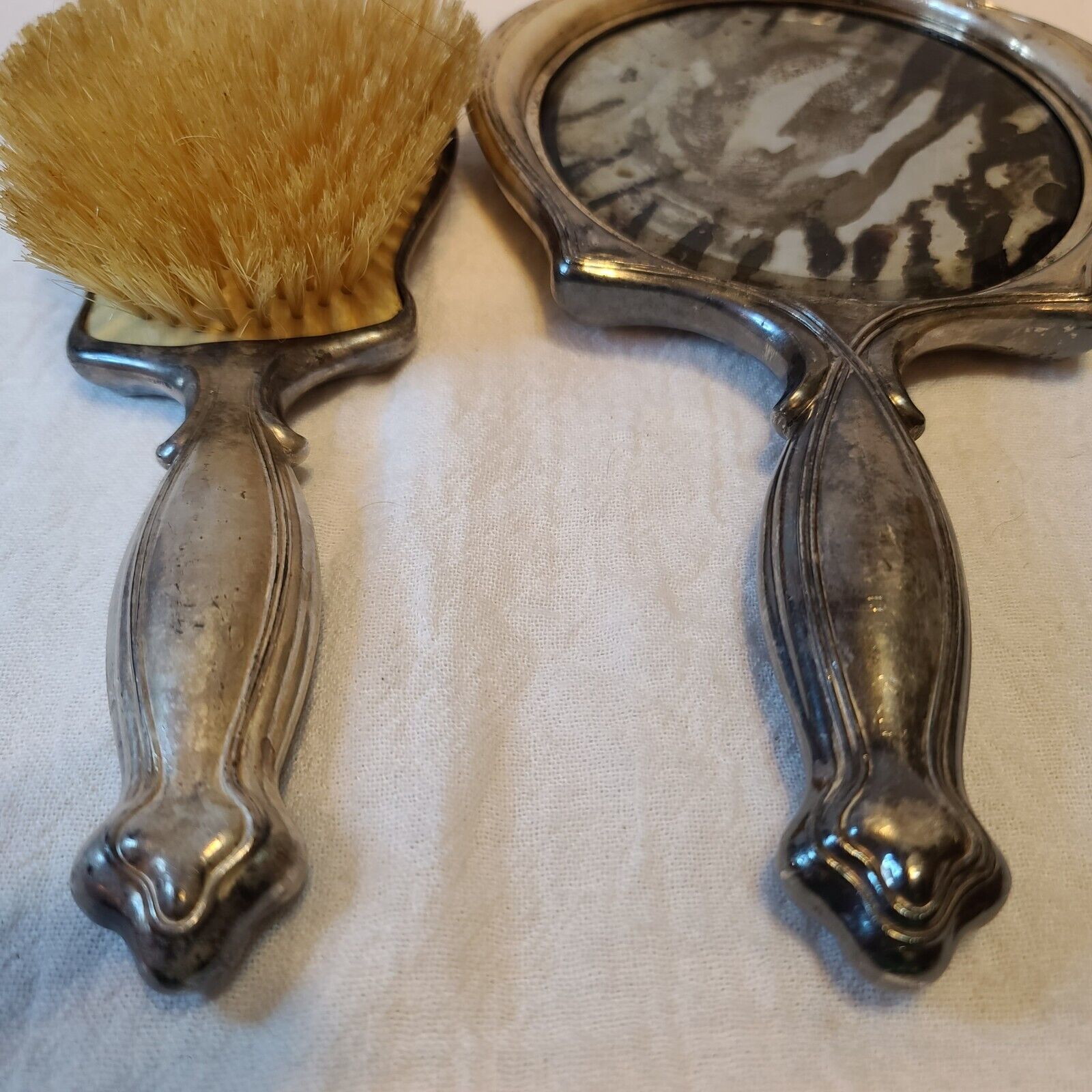 Art Nouveau Silver Plated Hand Mirror Brush Deco VTG ribbon Early 1900s Antique