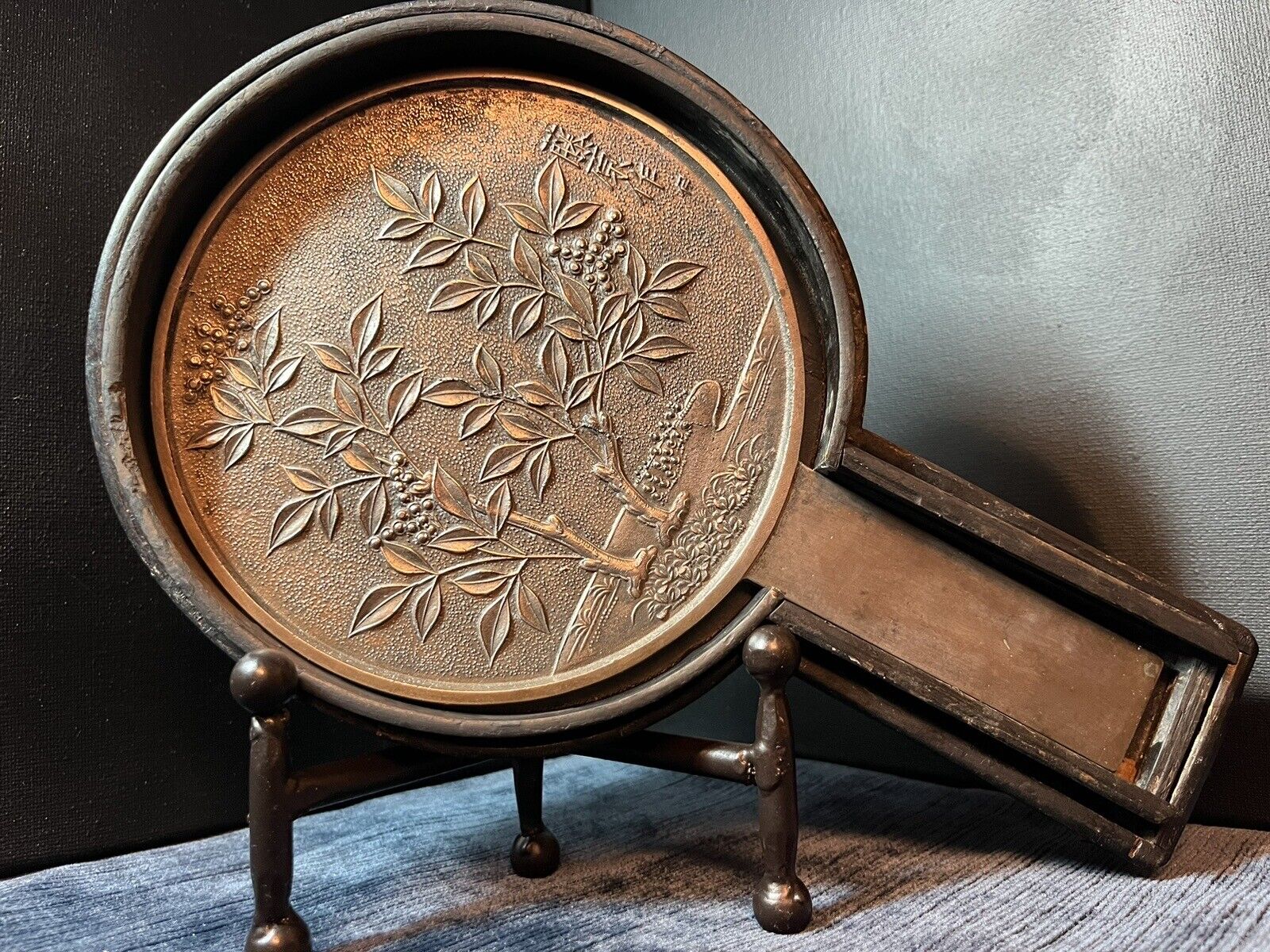 Antique 1800’s Signed Japanese Bronze Hand Mirror In Original Case
