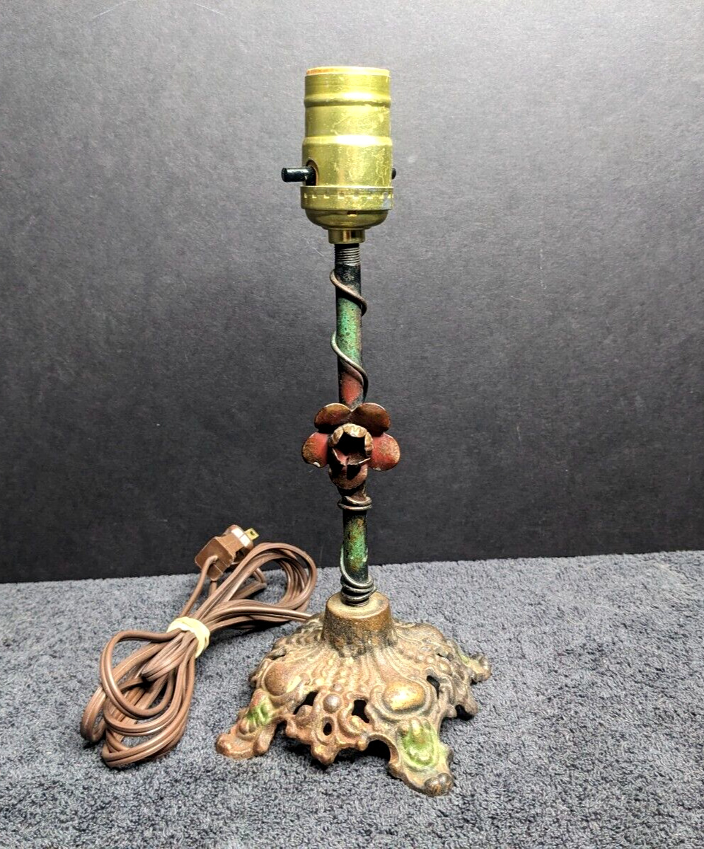 Early 1900's Antique Cast Iron Base Flower Boudoir Lamp 10.5" Tall - TESTED