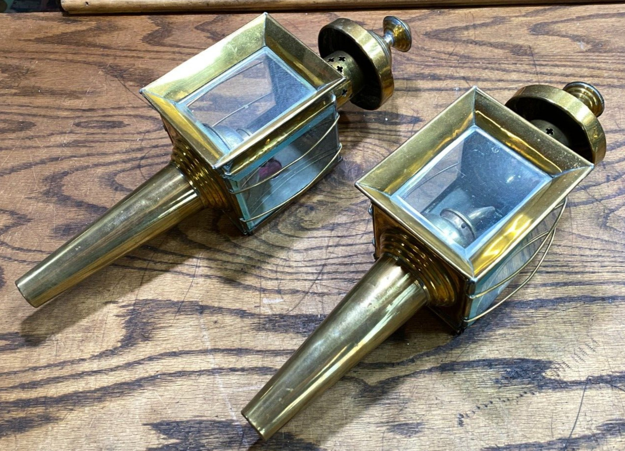 Antique Pair (2) of  Brass Carriage Auto Lamps / Headlamps 1900's w Oil Burners