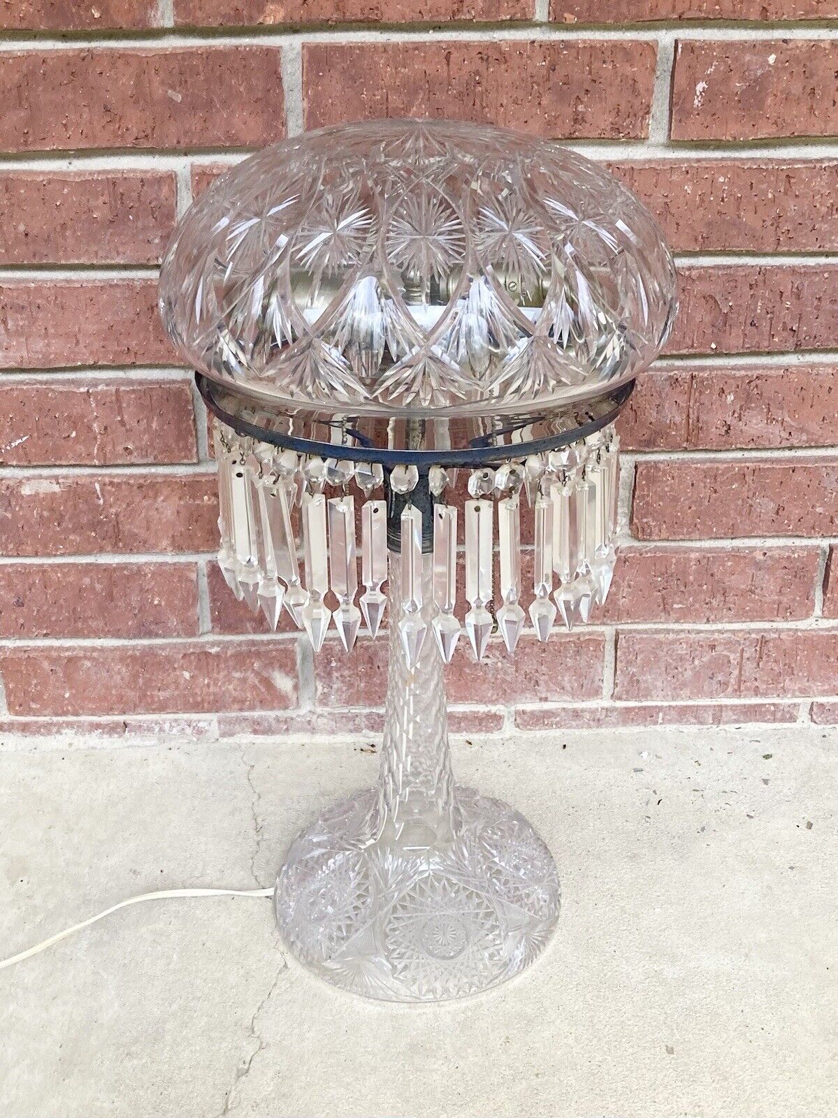 1905 American Brilliant Cut Crystal 2-Light Converted Parlor Mushroom Lamp 22”