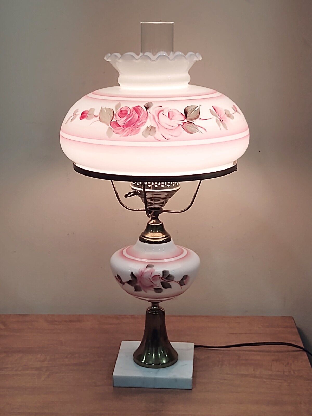 Victorian Parlor Lamp Hand Painted Pink Roses ~23"  Marble Brass GWTW Hurricane