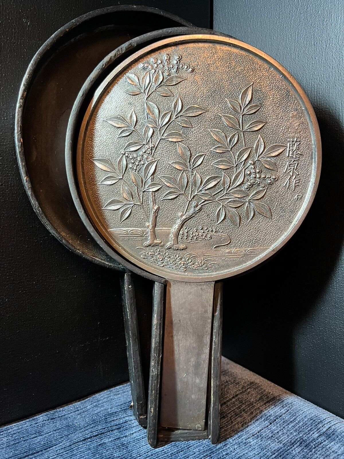 Antique 1800’s Signed Japanese Bronze Hand Mirror In Original Case