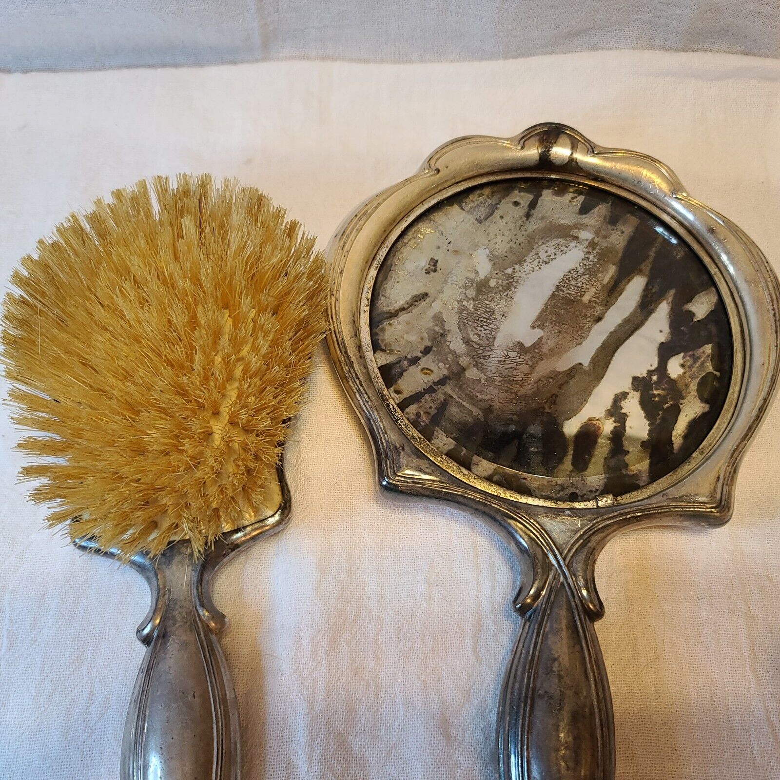 Art Nouveau Silver Plated Hand Mirror Brush Deco VTG ribbon Early 1900s Antique