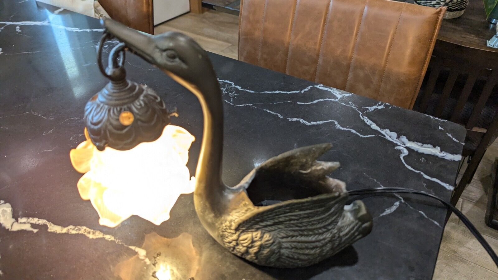 Art Nouvea Cast Iron Swan Planter Vase Table Lamp 9" Tall Art Deco Mid Century 