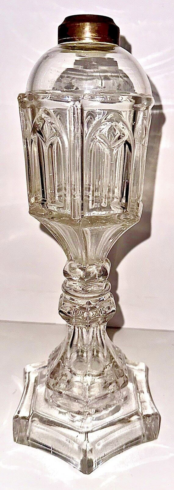 Antique 1840-60 Boston & Sandwich Glass Gothic Arch Whale Oil / Fluid Lamp 11.5"
